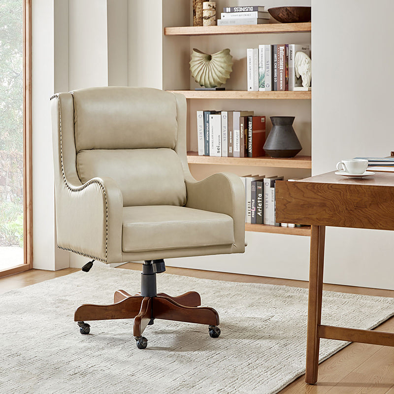Fauteuil de bureau exécutif en cuir PU avec hauteur réglable, inclinaison centrale et pieds en bois d'hévéa | Bleu marine / Beige / Camel | Siège simple
