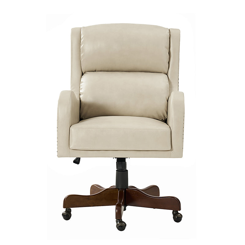 Fauteuil de bureau exécutif en cuir PU avec hauteur réglable, inclinaison centrale et pieds en bois d'hévéa | Bleu marine / Beige / Camel | Siège simple