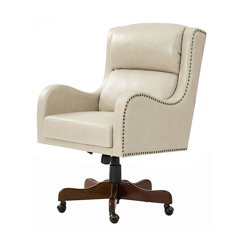 Fauteuil de bureau exécutif en cuir PU avec hauteur réglable, inclinaison centrale et pieds en bois d'hévéa | Bleu marine / Beige / Camel | Siège simple