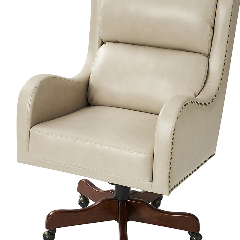 Fauteuil de bureau exécutif en cuir PU avec hauteur réglable, inclinaison centrale et pieds en bois d'hévéa | Bleu marine / Beige / Camel | Siège simple