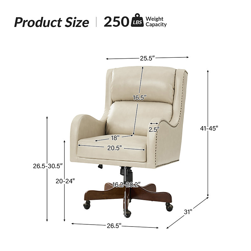 Fauteuil de bureau exécutif en cuir PU avec hauteur réglable, inclinaison centrale et pieds en bois d'hévéa | Bleu marine / Beige / Camel | Siège simple