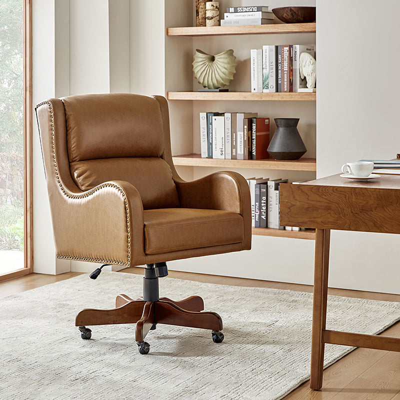 Fauteuil de bureau exécutif en cuir PU avec hauteur réglable, inclinaison centrale et pieds en bois d'hévéa | Bleu marine / Beige / Camel | Siège simple