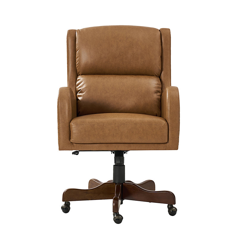 Fauteuil de bureau exécutif en cuir PU avec hauteur réglable, inclinaison centrale et pieds en bois d'hévéa | Bleu marine / Beige / Camel | Siège simple