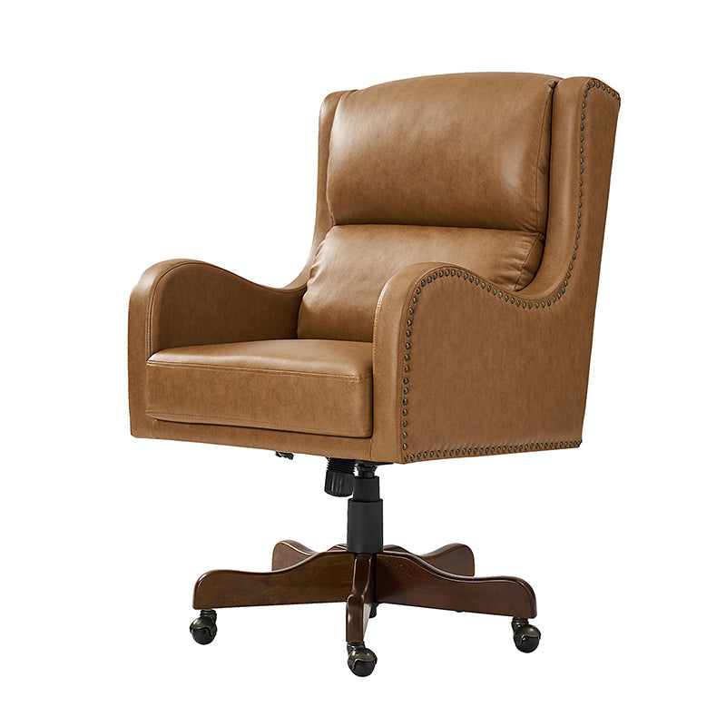 Fauteuil de bureau exécutif en cuir PU avec hauteur réglable, inclinaison centrale et pieds en bois d'hévéa | Bleu marine / Beige / Camel | Siège simple