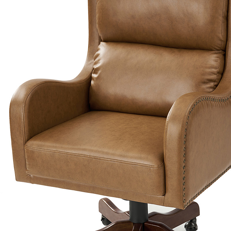 Fauteuil de bureau exécutif en cuir PU avec hauteur réglable, inclinaison centrale et pieds en bois d'hévéa | Bleu marine / Beige / Camel | Siège simple