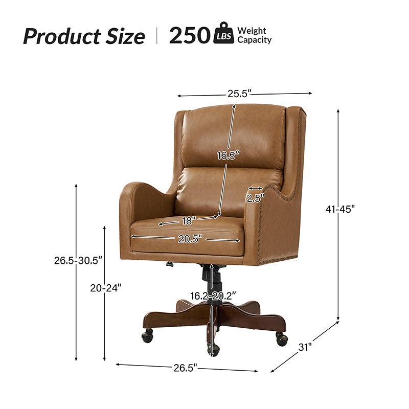 Fauteuil de bureau exécutif en cuir PU avec hauteur réglable, inclinaison centrale et pieds en bois d'hévéa | Bleu marine / Beige / Camel | Siège simple