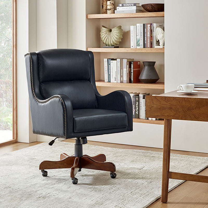 Fauteuil de bureau exécutif en cuir PU avec hauteur réglable, inclinaison centrale et pieds en bois d'hévéa | Bleu marine / Beige / Camel | Siège simple