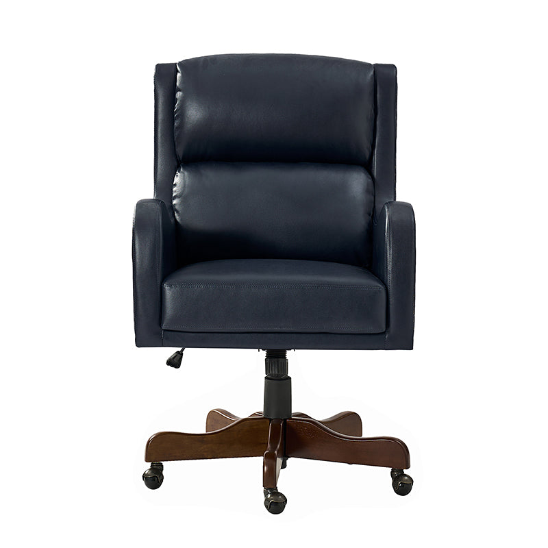 Fauteuil de bureau exécutif en cuir PU avec hauteur réglable, inclinaison centrale et pieds en bois d'hévéa | Bleu marine / Beige / Camel | Siège simple
