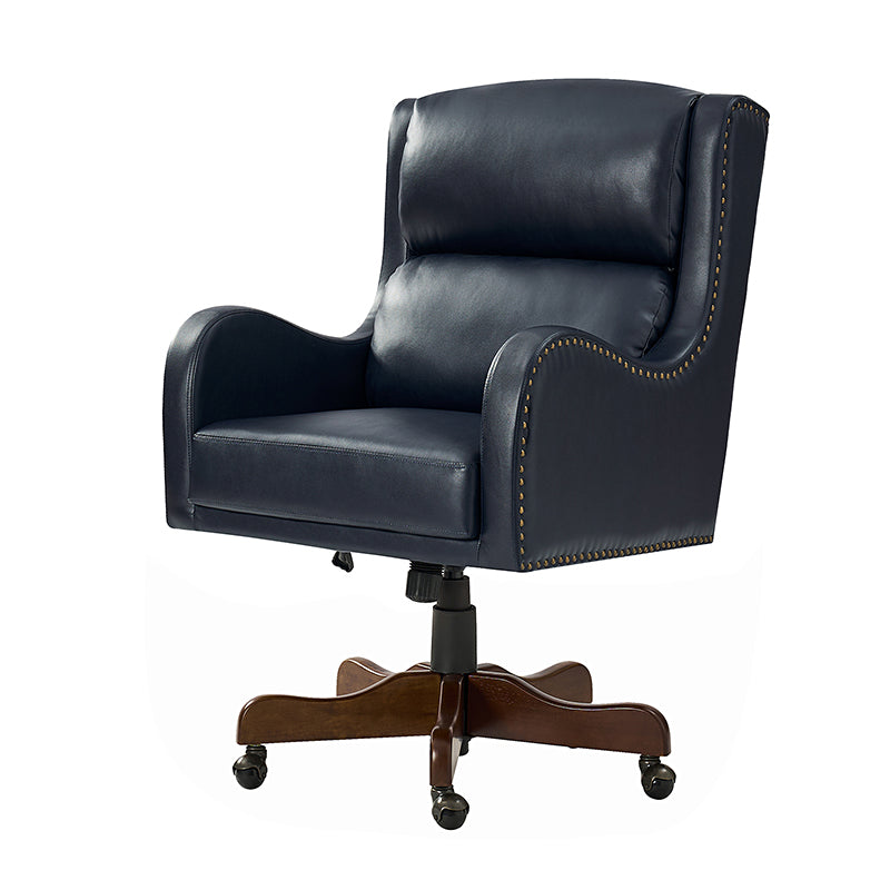 Fauteuil de bureau exécutif en cuir PU avec hauteur réglable, inclinaison centrale et pieds en bois d'hévéa | Bleu marine / Beige / Camel | Siège simple