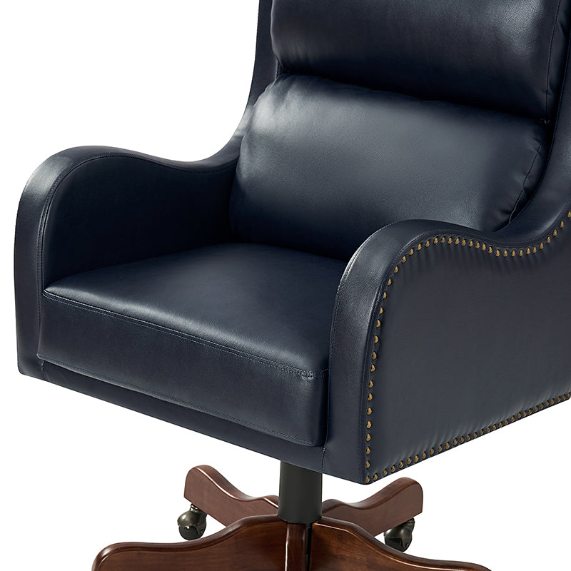 Fauteuil de bureau exécutif en cuir PU avec hauteur réglable, inclinaison centrale et pieds en bois d'hévéa | Bleu marine / Beige / Camel | Siège simple