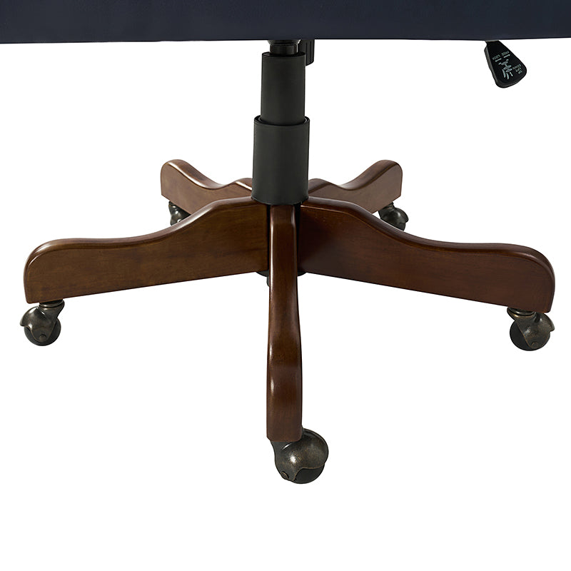 Fauteuil de bureau exécutif en cuir PU avec hauteur réglable, inclinaison centrale et pieds en bois d'hévéa | Bleu marine / Beige / Camel | Siège simple