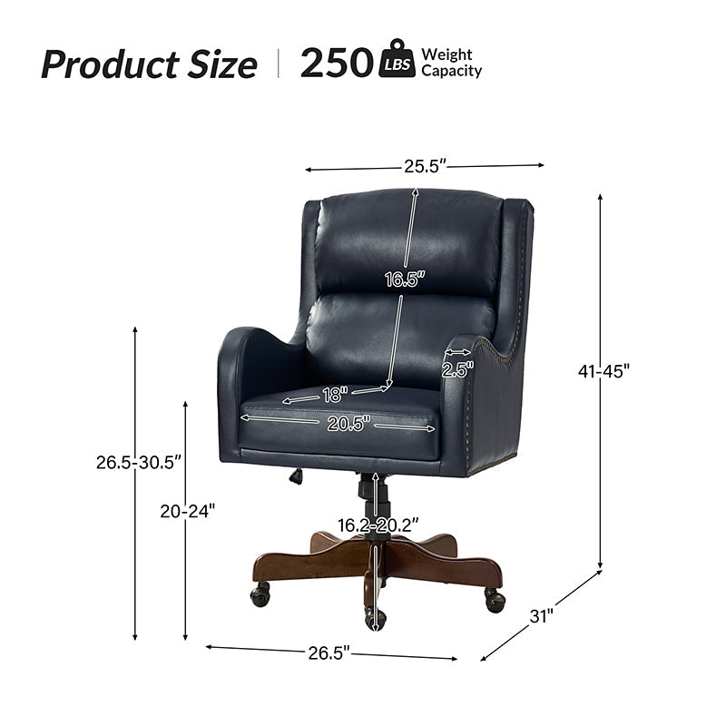 Fauteuil de bureau exécutif en cuir PU avec hauteur réglable, inclinaison centrale et pieds en bois d'hévéa | Bleu marine / Beige / Camel | Siège simple