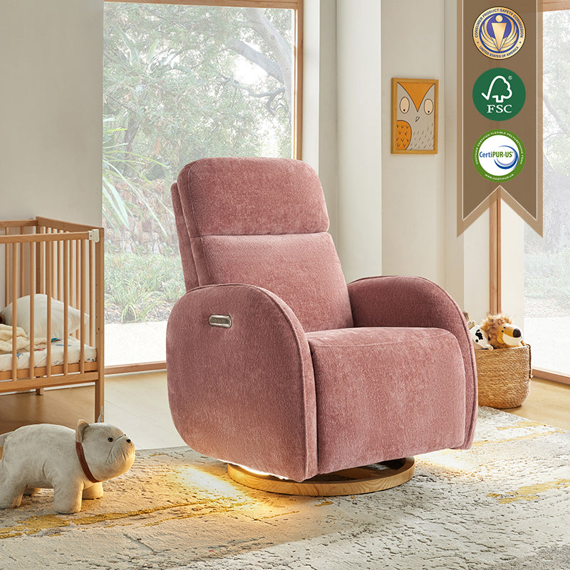 Fauteuil inclinable pivotant électrique pour chambre d'enfant avec appuie-tête et support lombaire motorisés, fonction bascule, veilleuse et ports USB/Type-C | Ivoire / Gris / Rose / Noir | Siège unique