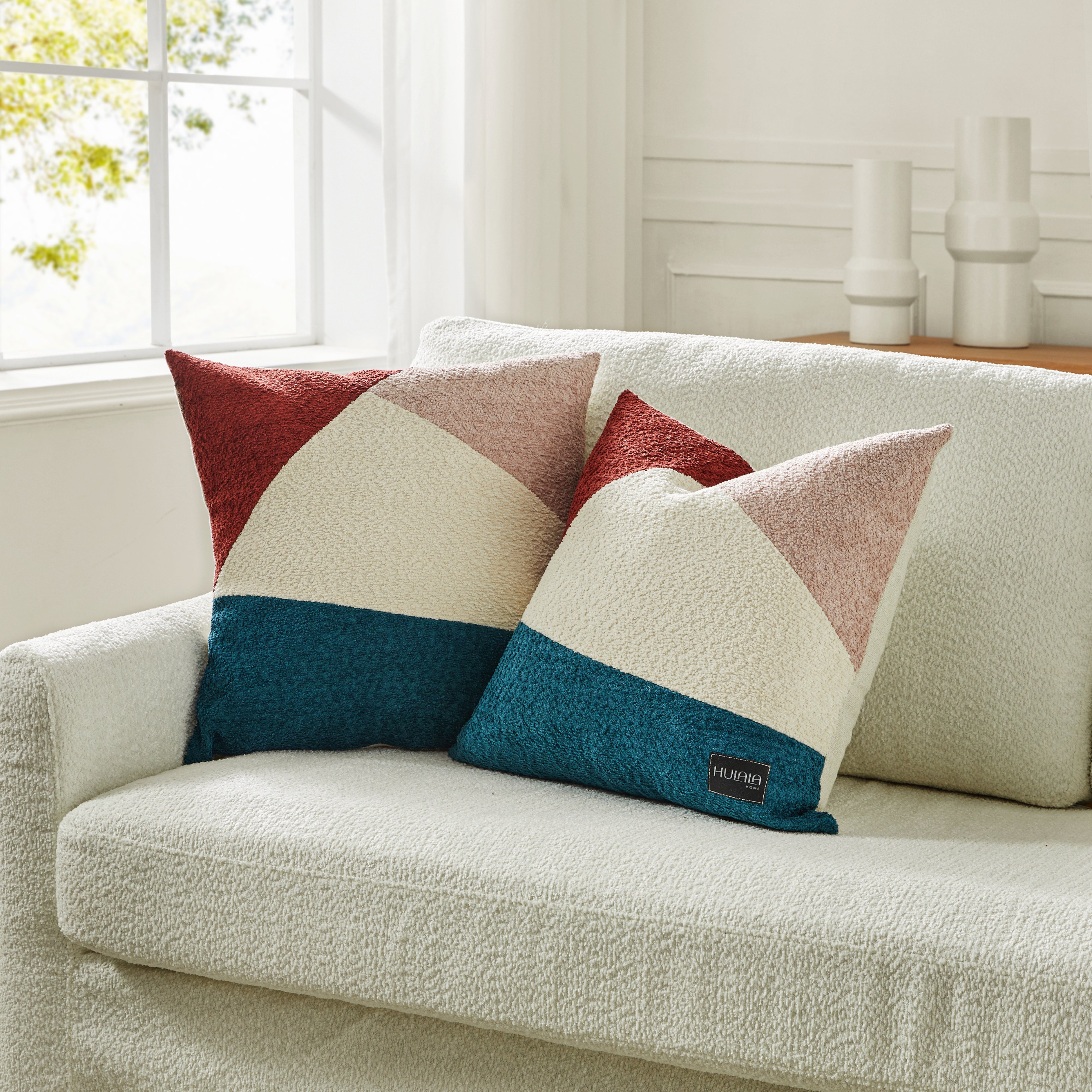 Housse de coussin décoratif en bouclette patchwork avec fermeture éclair en cuir | Harbor / Rouille / Anthracite | Unique | 50,8 x 50,8 cm