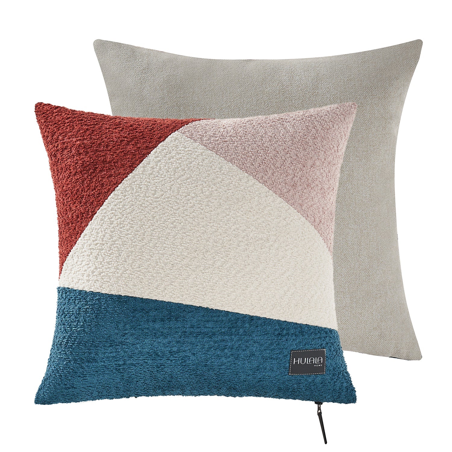 Housse de coussin décoratif en bouclette patchwork avec fermeture éclair en cuir | Harbor / Rouille / Anthracite | Unique | 50,8 x 50,8 cm