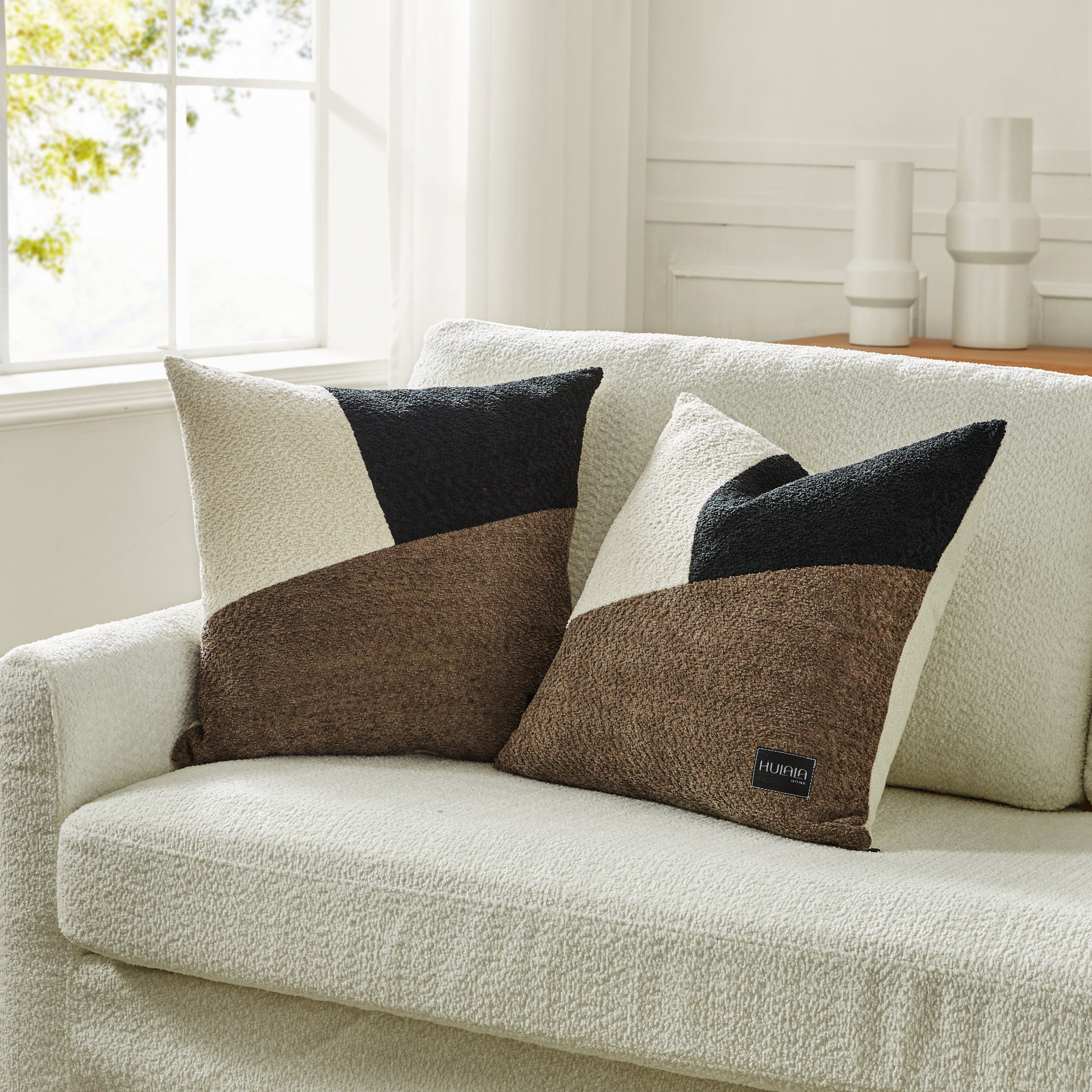 Housse de coussin décoratif en bouclette patchwork avec fermeture éclair en cuir | Harbor / Rouille / Anthracite | Unique | 50,8 x 50,8 cm