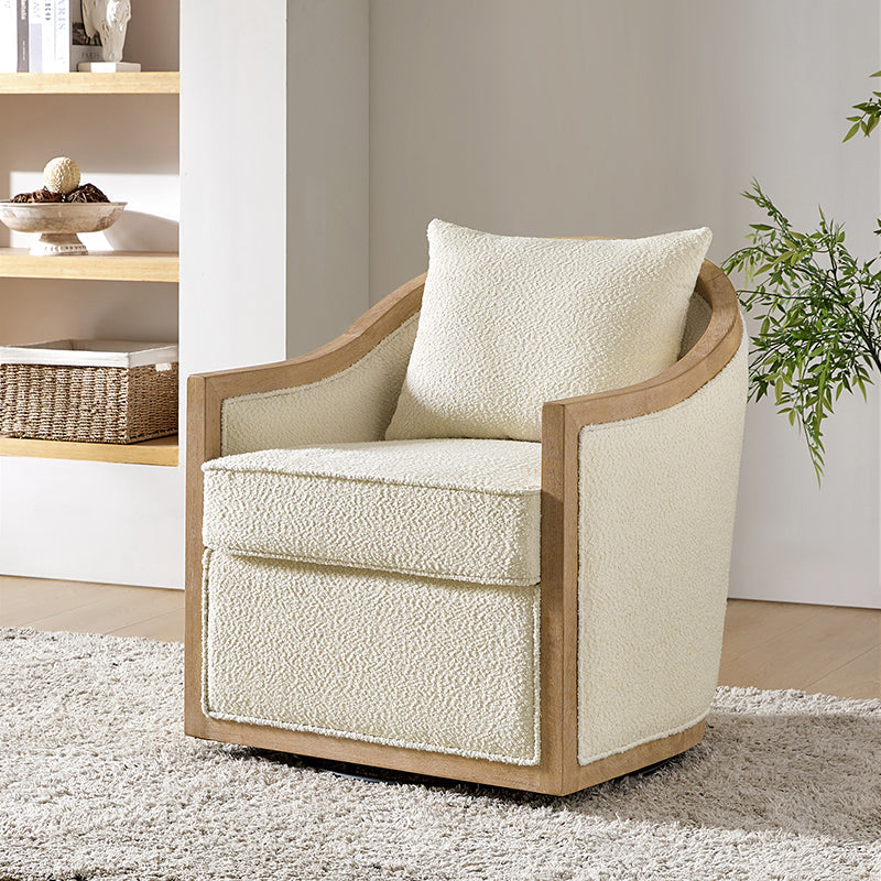 Fauteuil pivotant tonneau avec accoudoirs bas et bordure en bois massif | Ivoire | Monoplace