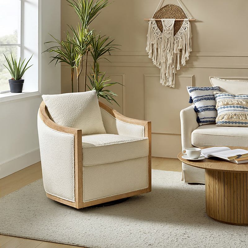 Fauteuil pivotant tonneau avec accoudoirs bas et bordure en bois massif | Ivoire | Monoplace