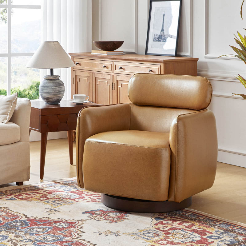Fauteuil pivotant en cuir véritable avec appuie-tête et accoudoirs réglables | Blanc / Camel | Une place