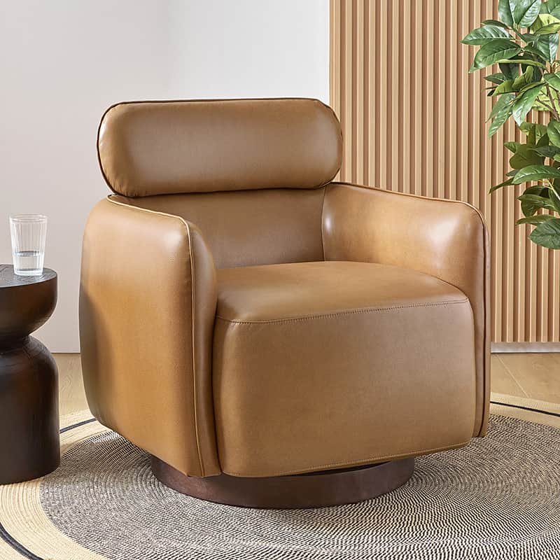 Fauteuil pivotant en cuir véritable avec appuie-tête et accoudoirs réglables | Blanc / Camel | Une place