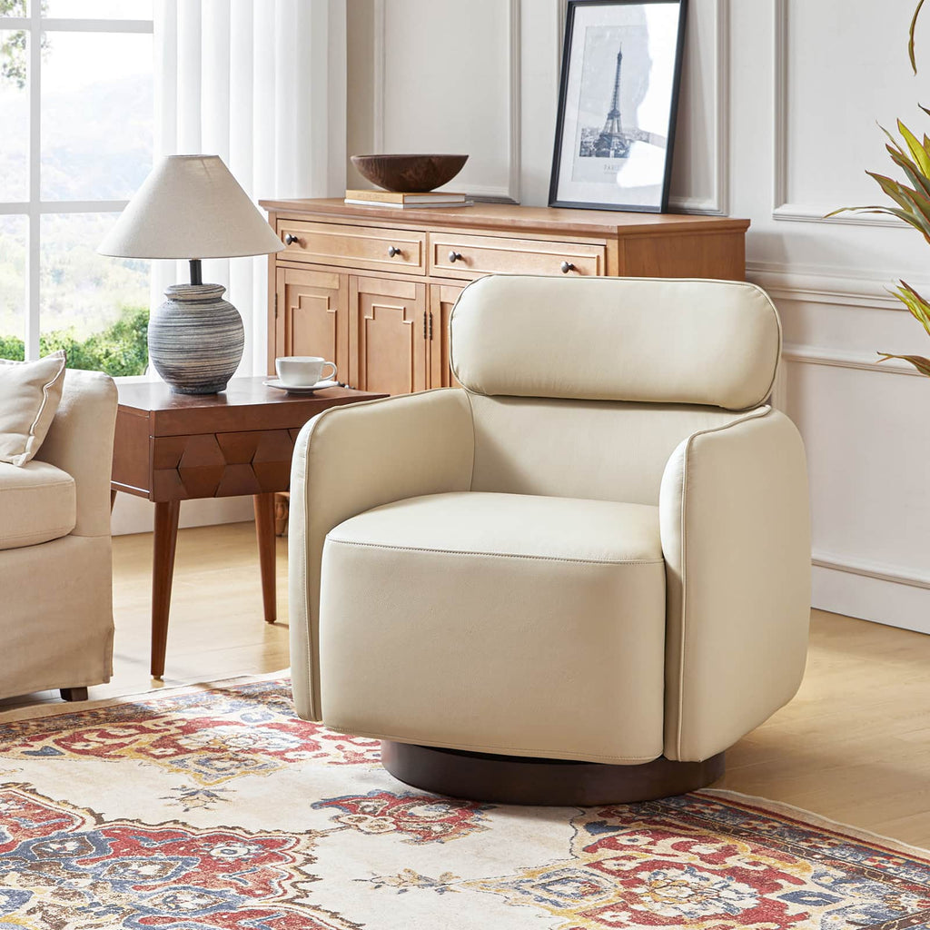 Fauteuil pivotant en cuir véritable avec appuie-tête et accoudoirs réglables | Blanc / Camel | Une place