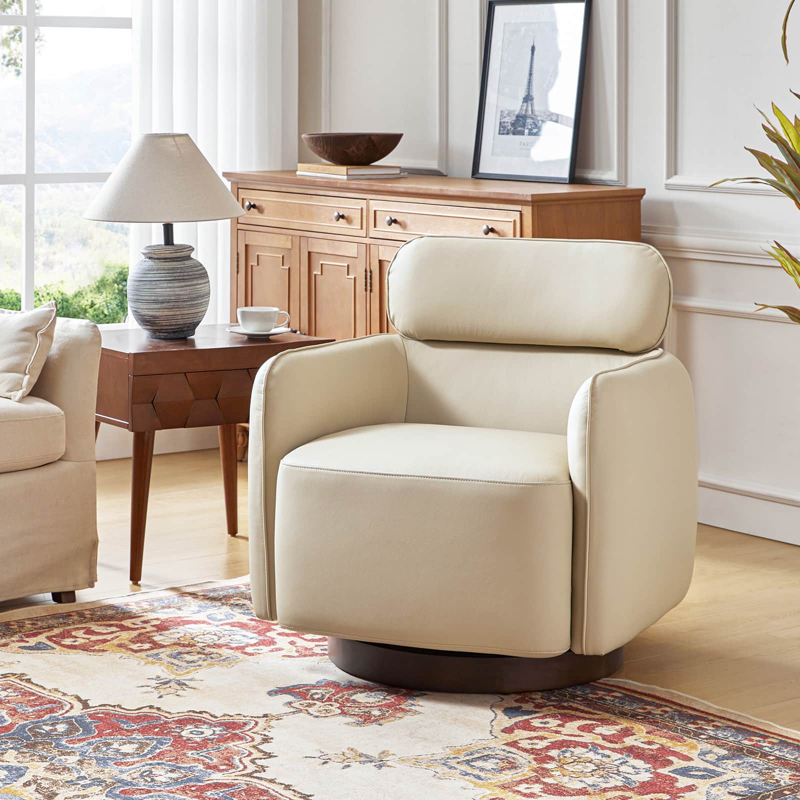Fauteuil pivotant en cuir véritable avec appuie-tête et accoudoirs réglables | Blanc / Camel | Une place
