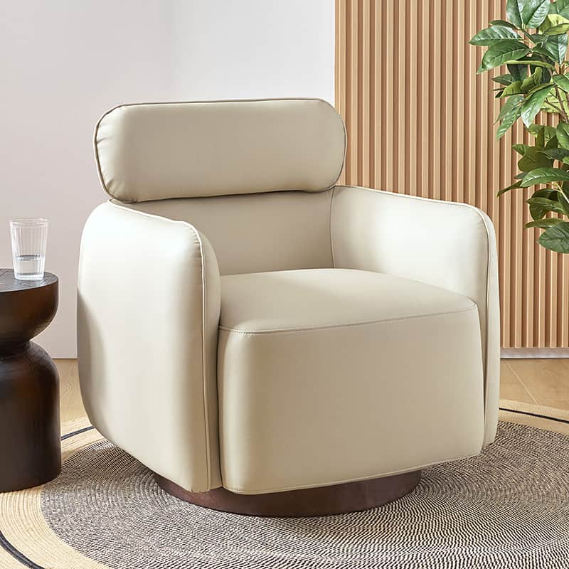 Fauteuil pivotant en cuir véritable avec appuie-tête et accoudoirs réglables | Blanc / Camel | Une place
