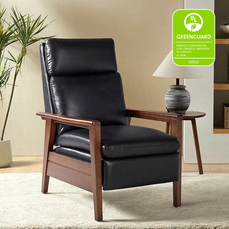 Fauteuil inclinable manuel en cuir PU avec accoudoirs et pieds en hévéa | Camel / Bleu marine / Noir / Marron | Une place