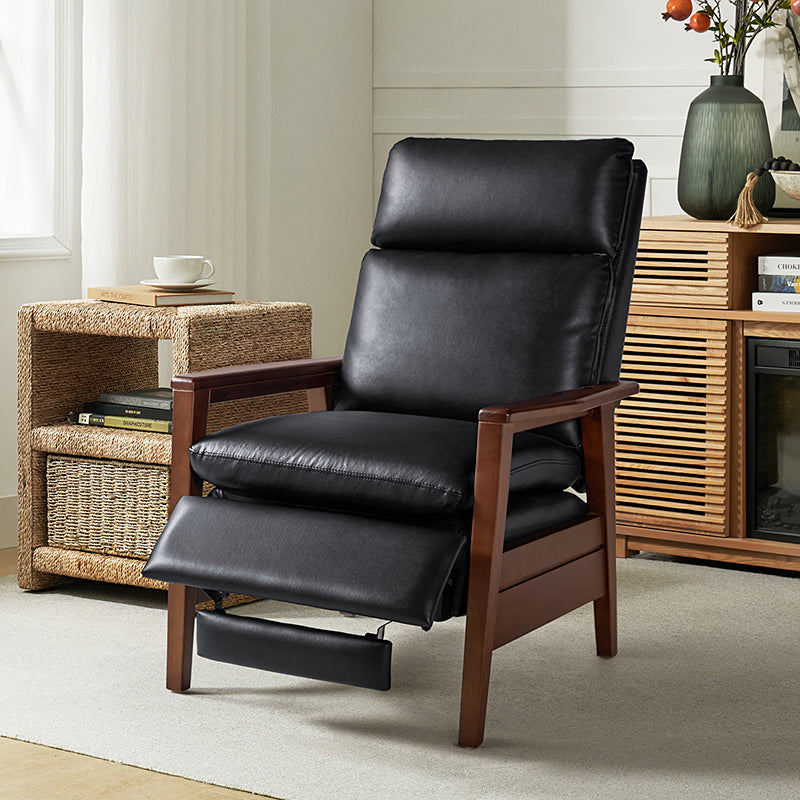 Fauteuil inclinable manuel en cuir PU avec accoudoirs et pieds en hévéa | Camel / Bleu marine / Noir / Marron | Une place