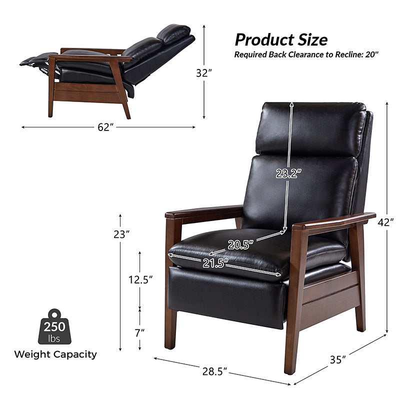 Fauteuil inclinable manuel en cuir PU avec accoudoirs et pieds en hévéa | Camel / Bleu marine / Noir / Marron | Une place