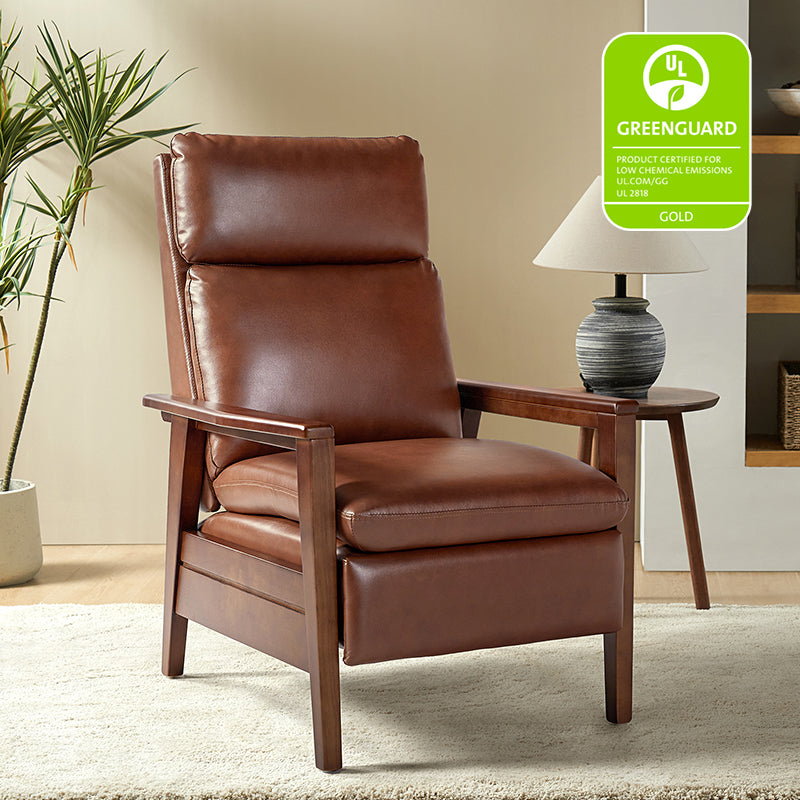 Fauteuil inclinable manuel en cuir PU avec accoudoirs et pieds en hévéa | Camel / Bleu marine / Noir / Marron | Une place