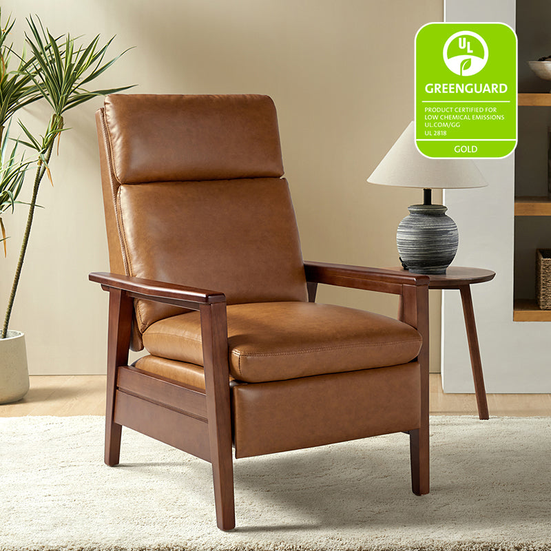 Fauteuil inclinable manuel en cuir PU avec accoudoirs et pieds en hévéa | Camel / Bleu marine / Noir / Marron | Une place