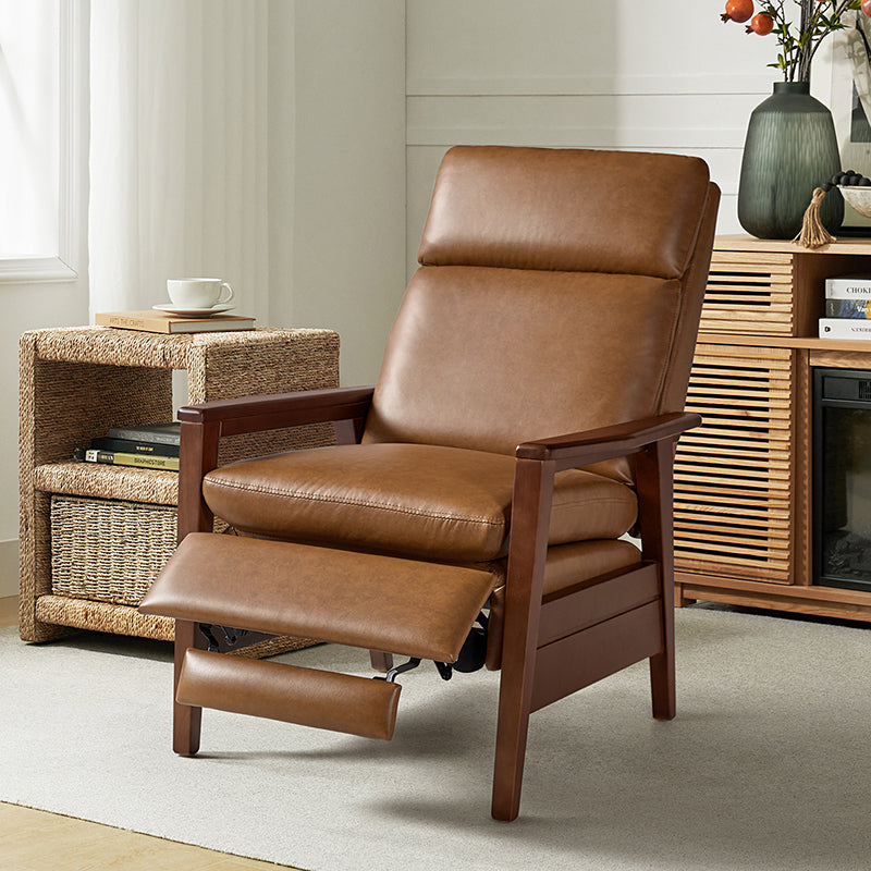Fauteuil inclinable manuel en cuir PU avec accoudoirs et pieds en hévéa | Camel / Bleu marine / Noir / Marron | Une place