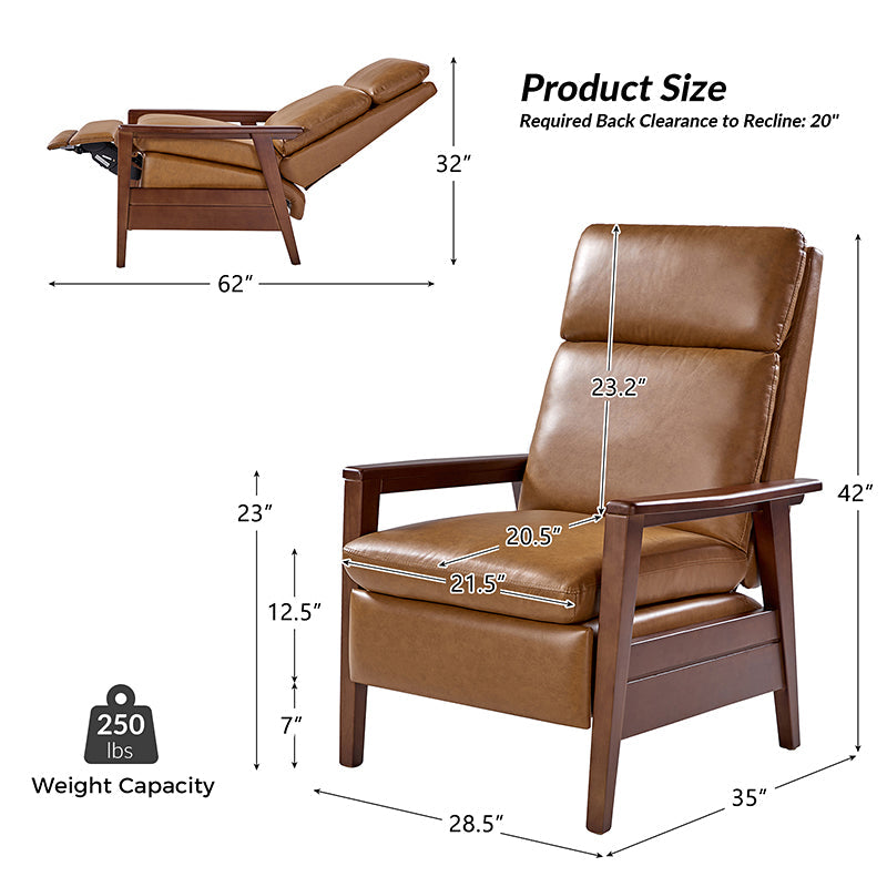 Fauteuil inclinable manuel en cuir PU avec accoudoirs et pieds en hévéa | Camel / Bleu marine / Noir / Marron | Une place