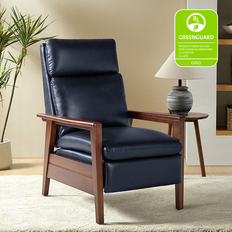 Fauteuil inclinable manuel en cuir PU avec accoudoirs et pieds en hévéa | Camel / Bleu marine / Noir / Marron | Une place