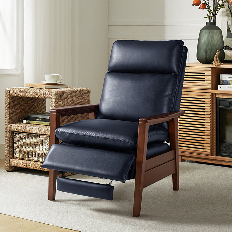 Fauteuil inclinable manuel en cuir PU avec accoudoirs et pieds en hévéa | Camel / Bleu marine / Noir / Marron | Une place