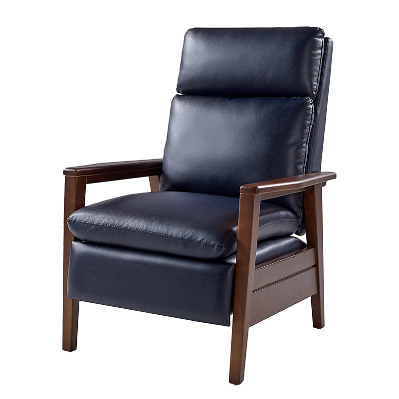 Fauteuil inclinable manuel en cuir PU avec accoudoirs et pieds en hévéa | Camel / Bleu marine / Noir / Marron | Une place