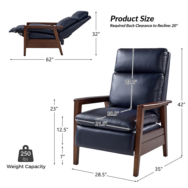 Fauteuil inclinable manuel en cuir PU avec accoudoirs et pieds en hévéa | Camel / Bleu marine / Noir / Marron | Une place