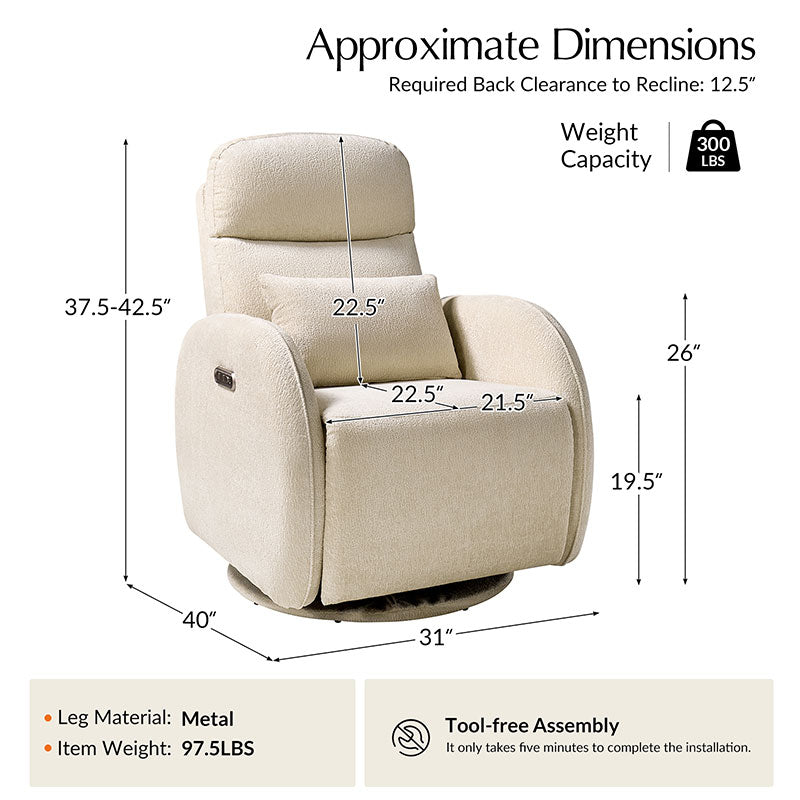 Fauteuil inclinable d'allaitement électrique à bascule avec rotation à 270°, 3 modes de balancement et appui-tête réglable | Blanc / Gris / Beige / Mousse | Siège individuel