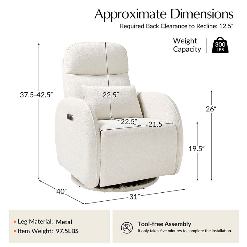 Fauteuil inclinable d'allaitement électrique à bascule avec rotation à 270°, 3 modes de balancement et appui-tête réglable | Blanc / Gris / Beige / Mousse | Siège individuel