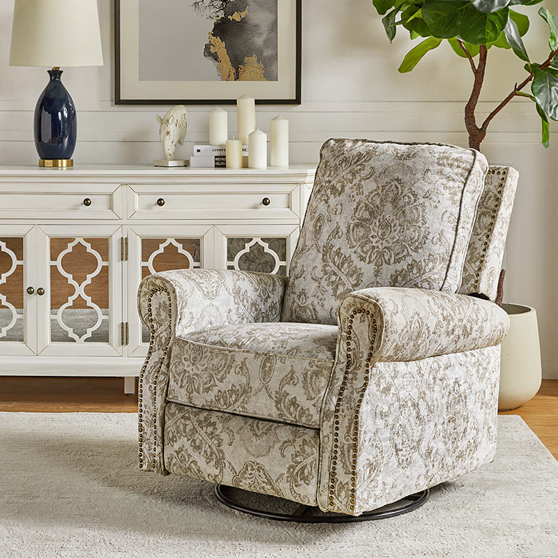 Fauteuil inclinable manuel en polyester avec pivotement à 360°, fonction bascule et repose-pieds escamotable | Beige / Jacobean / Bleu sarcelle / Bleu / Damas / Bleu marine / Médaillon | Siège unique