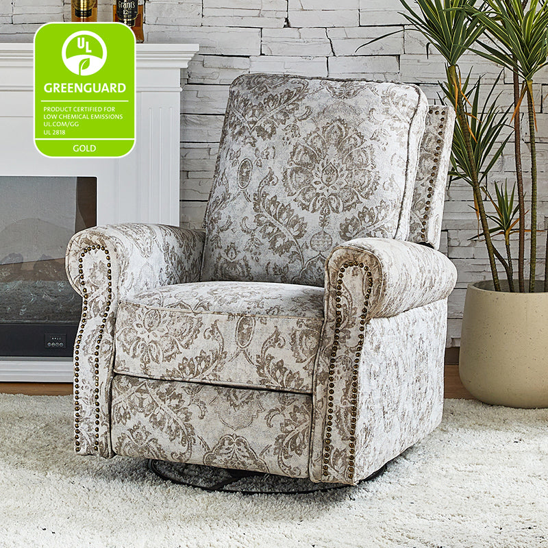 Fauteuil inclinable manuel en polyester avec pivotement à 360°, fonction bascule et repose-pieds escamotable | Beige / Jacobean / Bleu sarcelle / Bleu / Damas / Bleu marine / Médaillon | Siège unique