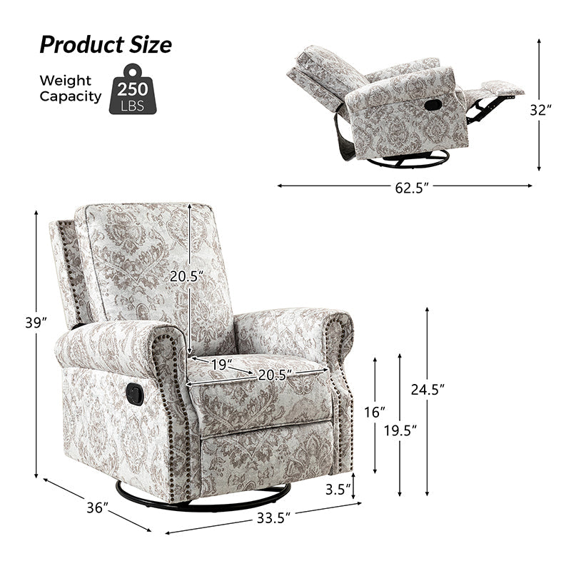 Fauteuil inclinable manuel en polyester avec pivotement à 360°, fonction bascule et repose-pieds escamotable | Beige / Jacobean / Bleu sarcelle / Bleu / Damas / Bleu marine / Médaillon | Siège unique