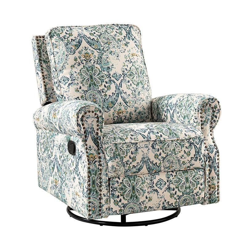 Fauteuil inclinable manuel en polyester avec pivotement à 360°, fonction bascule et repose-pieds escamotable | Beige / Jacobean / Bleu sarcelle / Bleu / Damas / Bleu marine / Médaillon | Siège unique