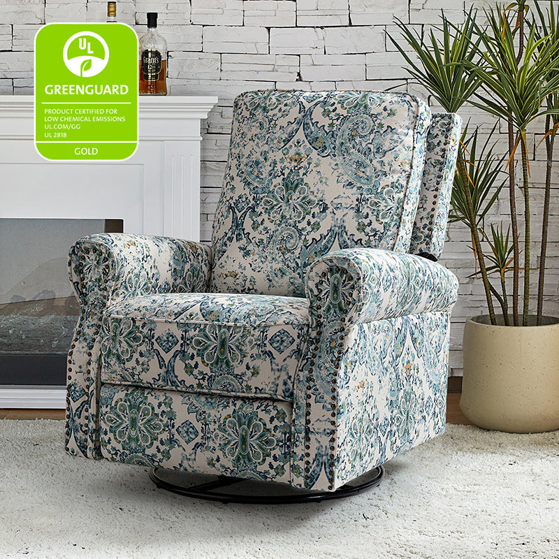 Fauteuil inclinable manuel en polyester avec pivotement à 360°, fonction bascule et repose-pieds escamotable | Beige / Jacobean / Bleu sarcelle / Bleu / Damas / Bleu marine / Médaillon | Siège unique