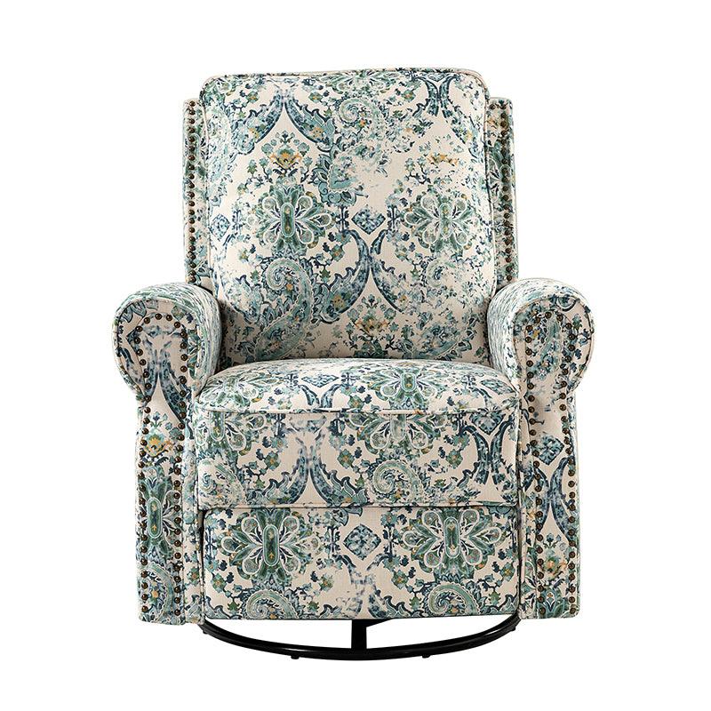 Fauteuil inclinable manuel en polyester avec pivotement à 360°, fonction bascule et repose-pieds escamotable | Beige / Jacobean / Bleu sarcelle / Bleu / Damas / Bleu marine / Médaillon | Siège unique