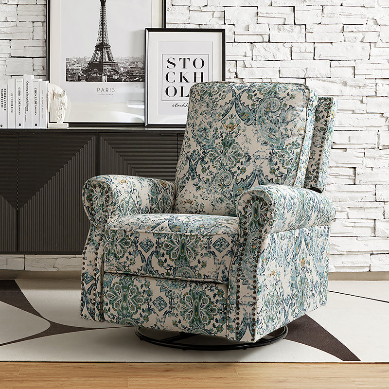 Fauteuil inclinable manuel en polyester avec pivotement à 360°, fonction bascule et repose-pieds escamotable | Beige / Jacobean / Bleu sarcelle / Bleu / Damas / Bleu marine / Médaillon | Siège unique