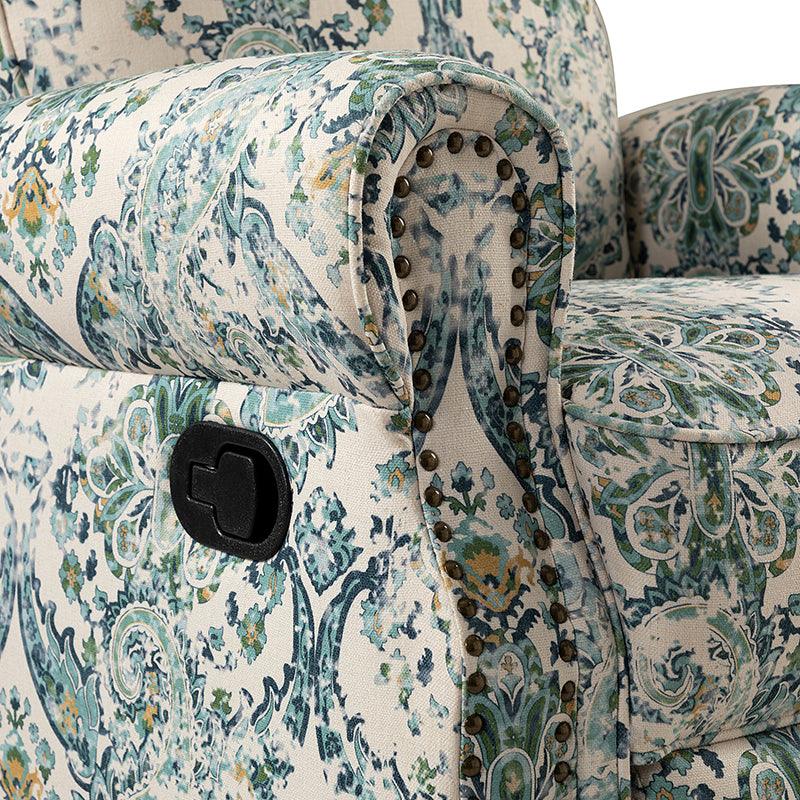 Fauteuil inclinable manuel en polyester avec pivotement à 360°, fonction bascule et repose-pieds escamotable | Beige / Jacobean / Bleu sarcelle / Bleu / Damas / Bleu marine / Médaillon | Siège unique