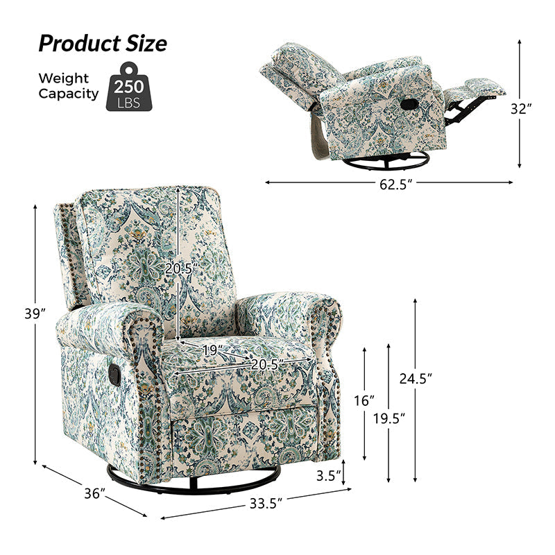 Fauteuil inclinable manuel en polyester avec pivotement à 360°, fonction bascule et repose-pieds escamotable | Beige / Jacobean / Bleu sarcelle / Bleu / Damas / Bleu marine / Médaillon | Siège unique