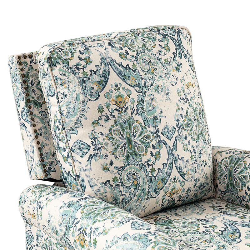 Fauteuil inclinable manuel en polyester avec pivotement à 360°, fonction bascule et repose-pieds escamotable | Beige / Jacobean / Bleu sarcelle / Bleu / Damas / Bleu marine / Médaillon | Siège unique